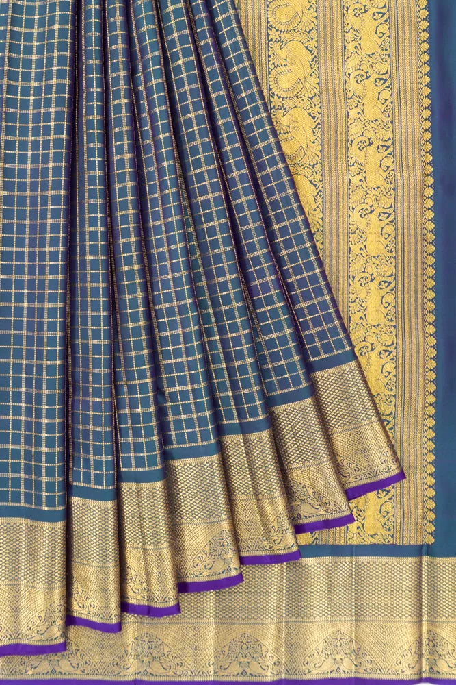 Kanchipuram Silk Twill Checks Dark Green Saree