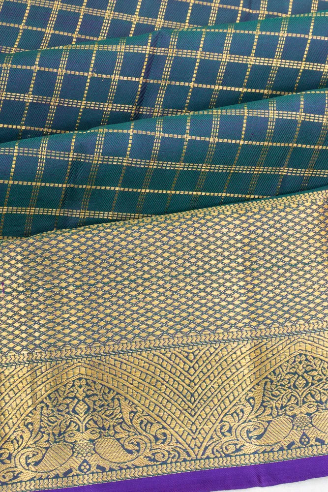 Kanchipuram Silk Twill Checks Dark Green Saree