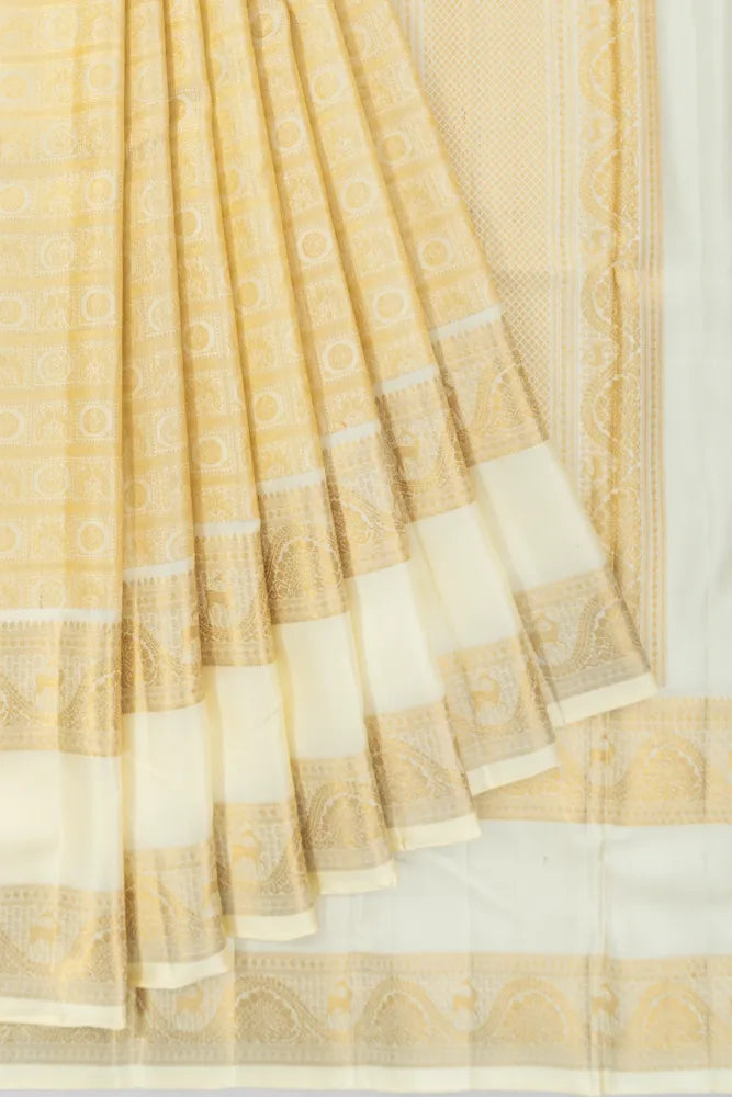 Kanchipuram Silk Twill Brocade Off White Saree With Rettai Pettu Border
