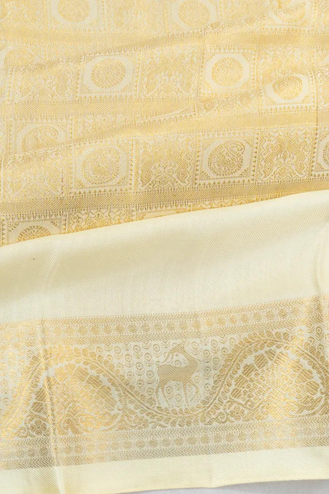 Kanchipuram Silk Twill Brocade Off White Saree With Rettai Pettu Border