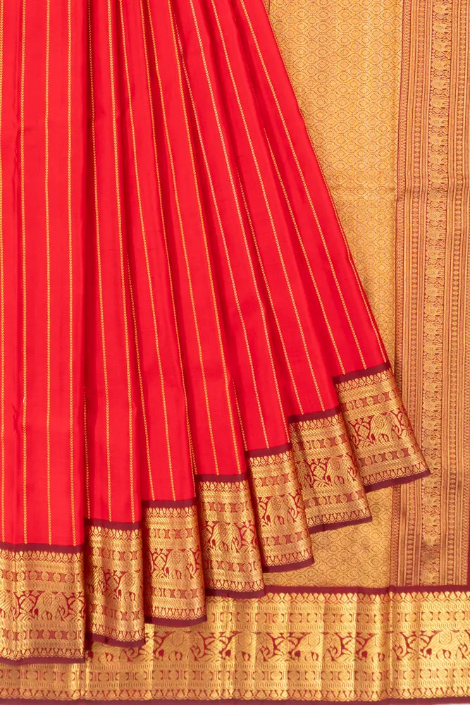 Kanchipuram Silk Twill Lines Red Saree
