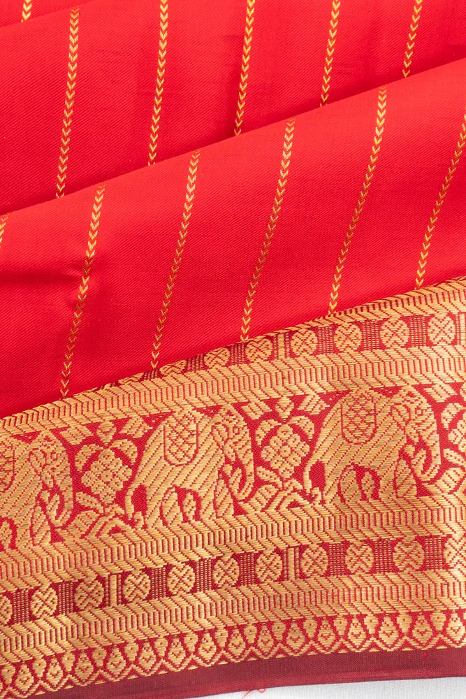 Kanchipuram Silk Twill Lines Red Saree