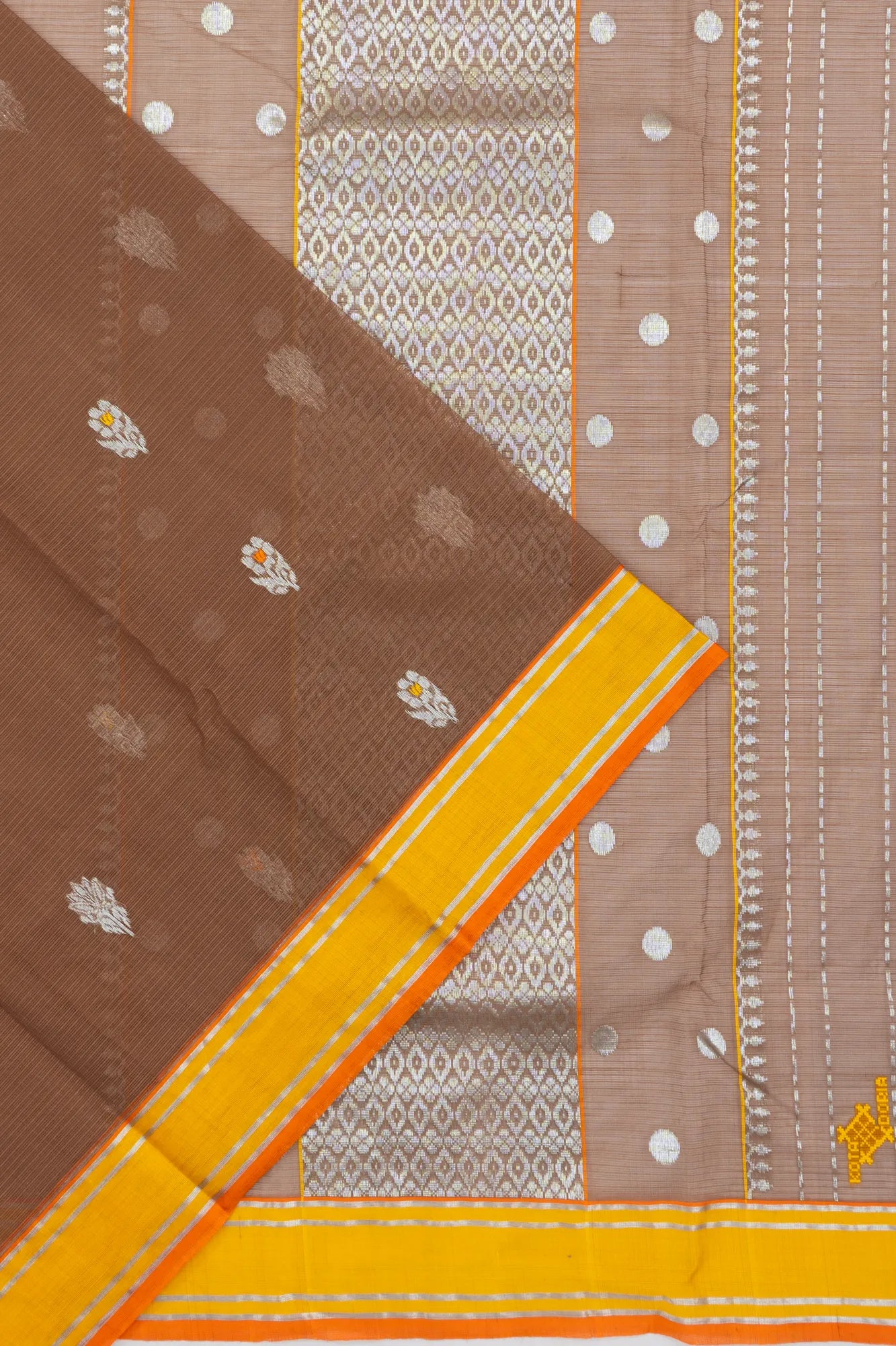 Zari Kota Cotton Butta Brown Saree