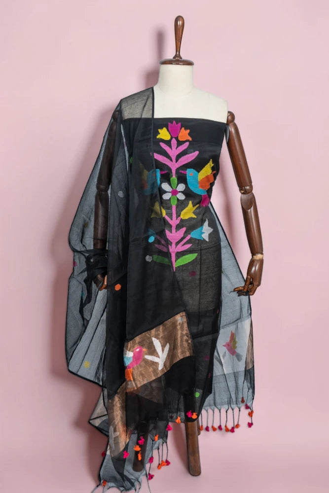 Phulia Cotton Jamdani Butta Black Salwar Suit Set