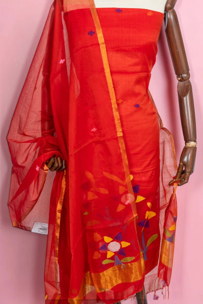 Phulia Cotton Jamdani Butta Red Salwar Suit Set