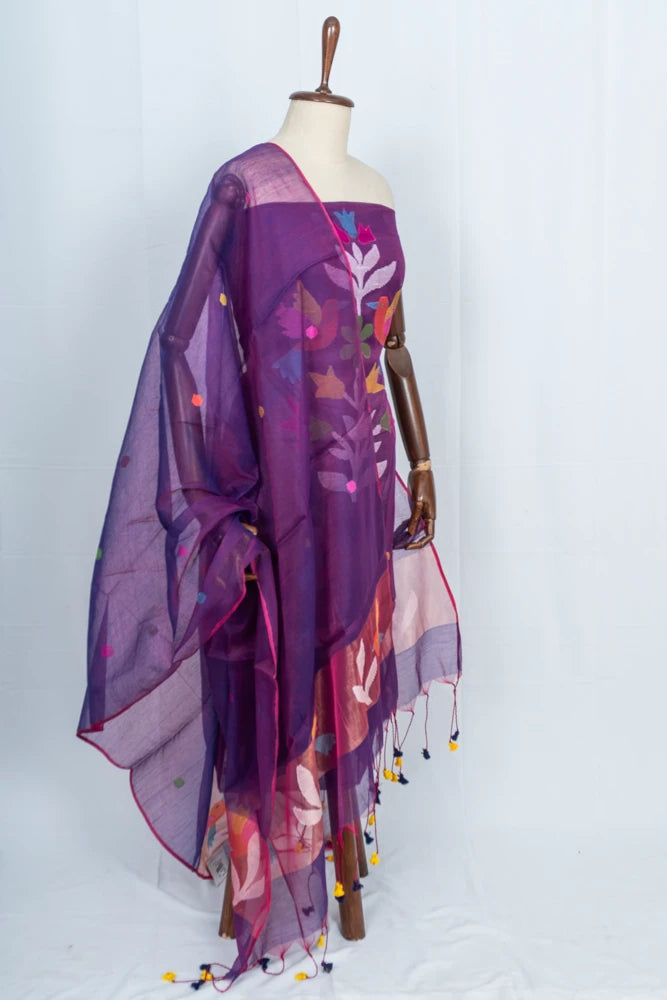 Phulia Cotton Jamdani Butta Purple Salwar Suit Set