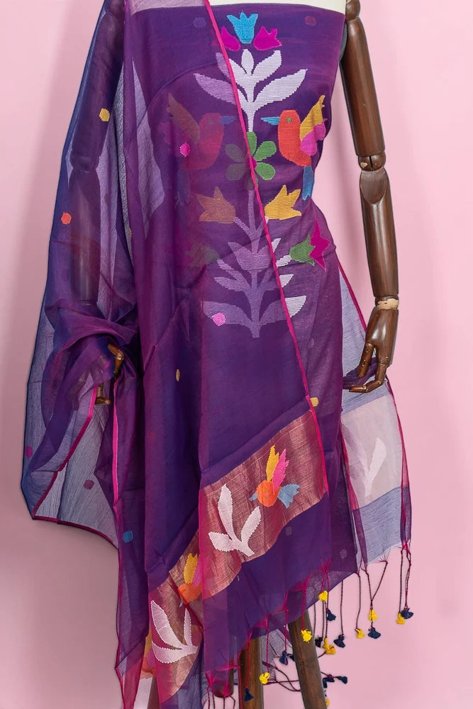 Phulia Cotton Jamdani Butta Purple Salwar Suit Set