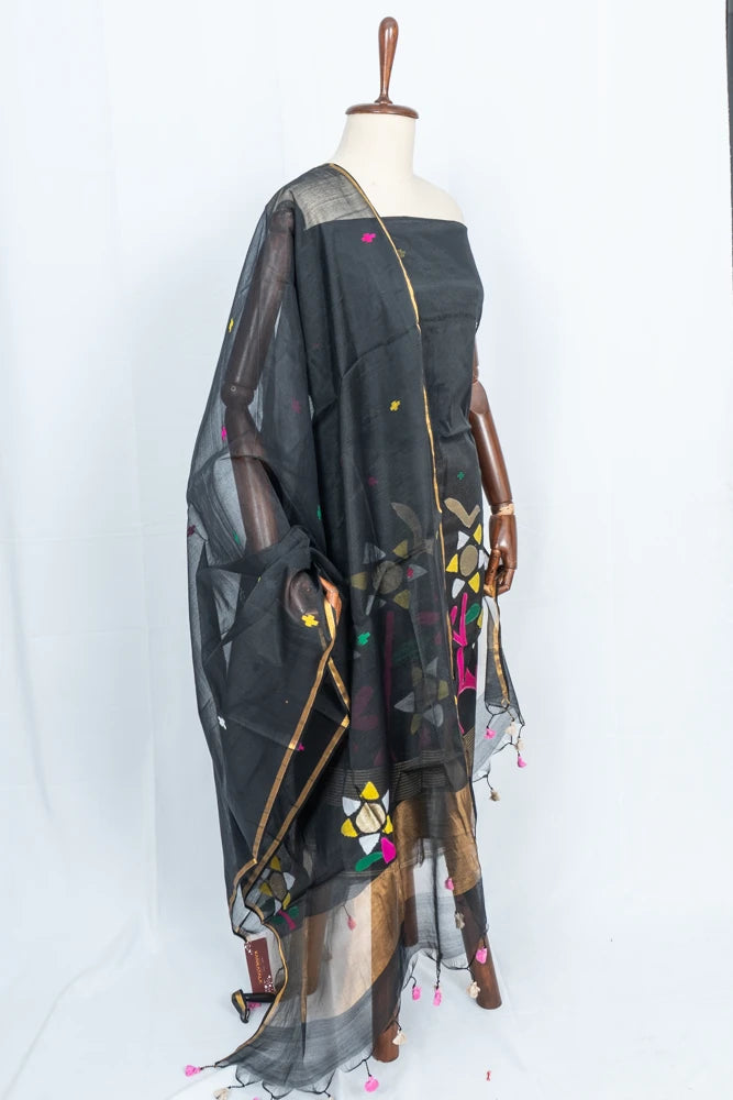 Phulia Cotton Jamdani Butta Black Salwar Suit Set