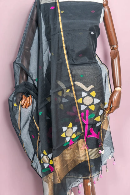 Phulia Cotton Jamdani Butta Black Salwar Suit Set