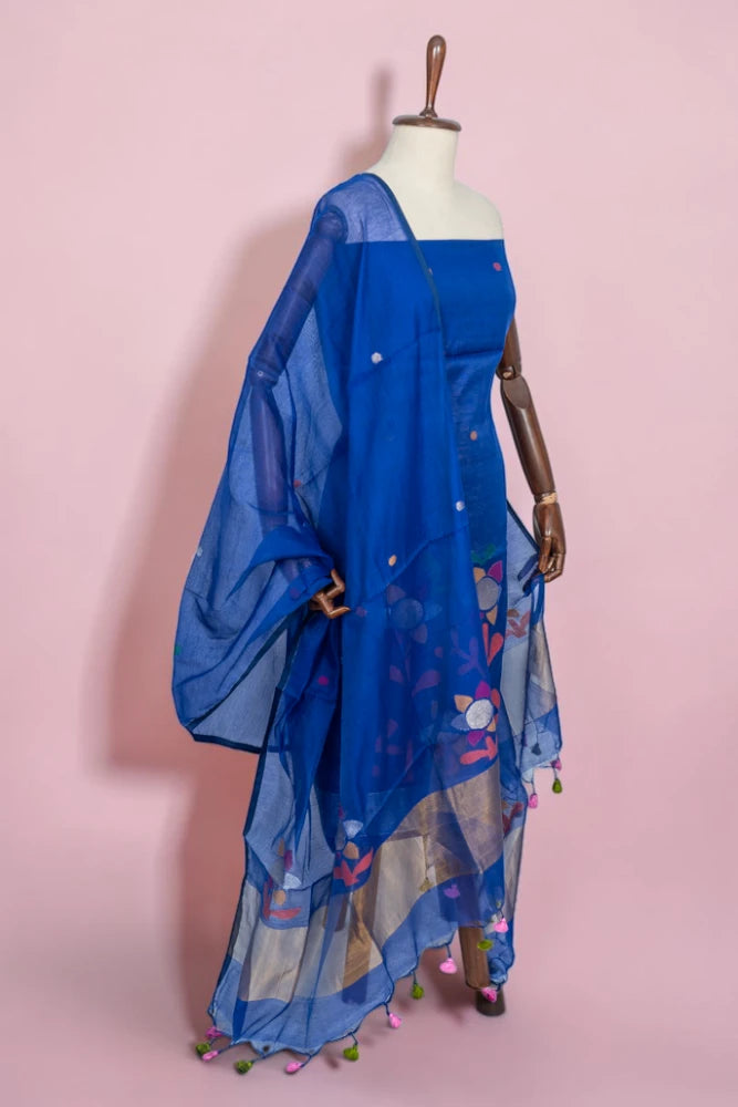 Phulia Cotton Jamdani Butta Royal Blue Salwar Suit Set