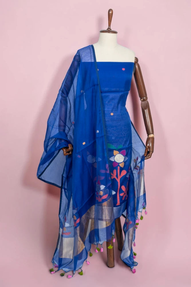 Phulia Cotton Jamdani Butta Royal Blue Salwar Suit Set