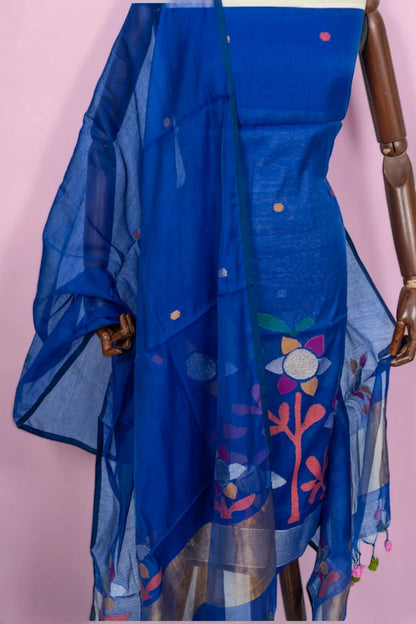 Phulia Cotton Jamdani Butta Royal Blue Salwar Suit Set