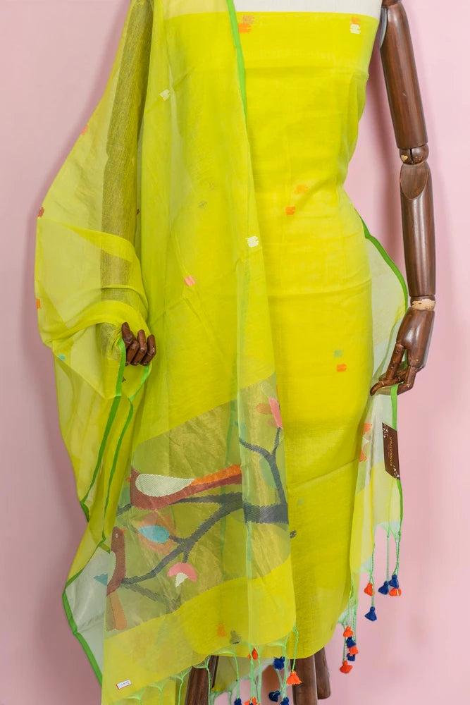 Phulia Cotton Jamdani Butta Parrot Green Salwar Suit Set