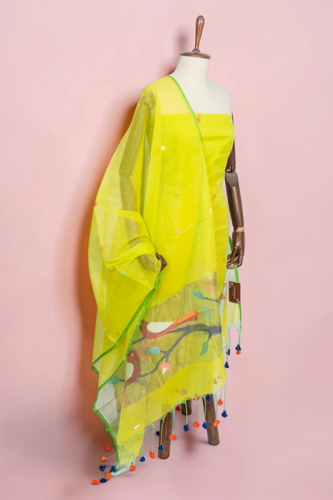 Phulia Cotton Jamdani Butta Parrot Green Salwar Suit Set