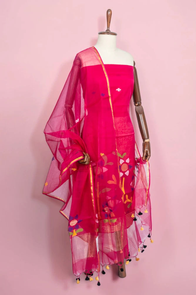 Phulia Cotton Jamdani Butta Dark Pink Salwar Suit Set