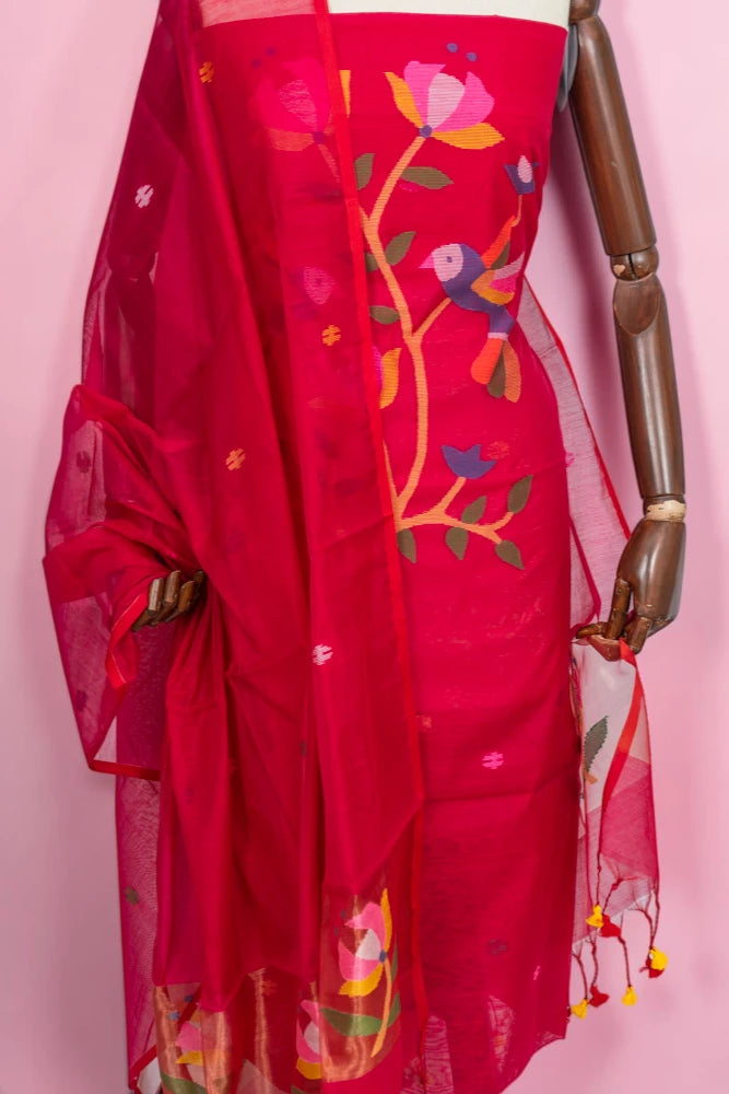 Phulia Cotton Jamdani Butta Dark Pink Salwar Suit Set