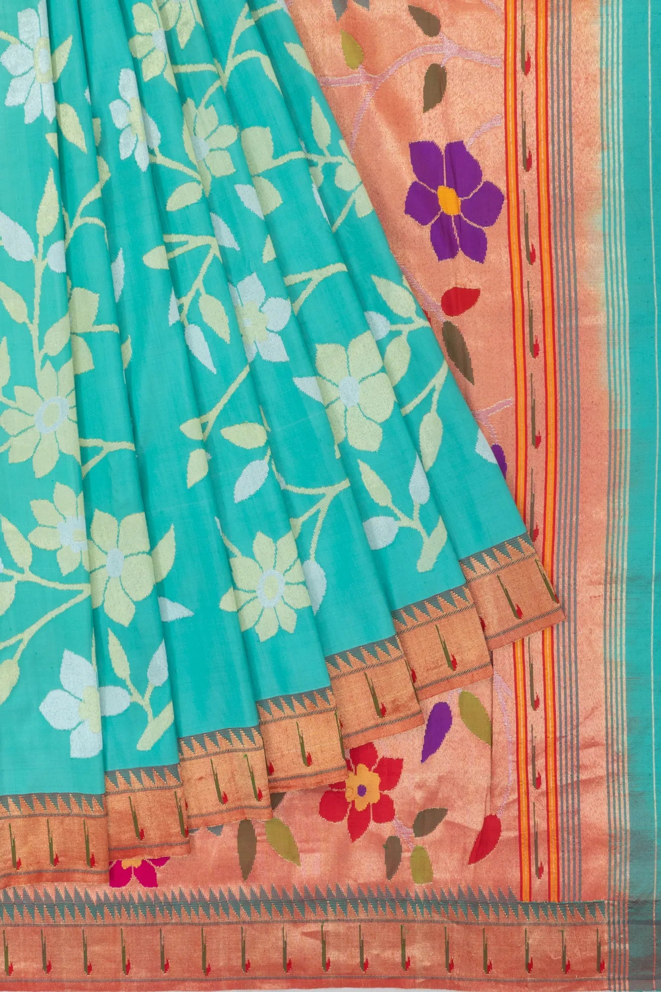 Paithani Silk All Over Jaal Sea Green Saree With Single Muniya Border