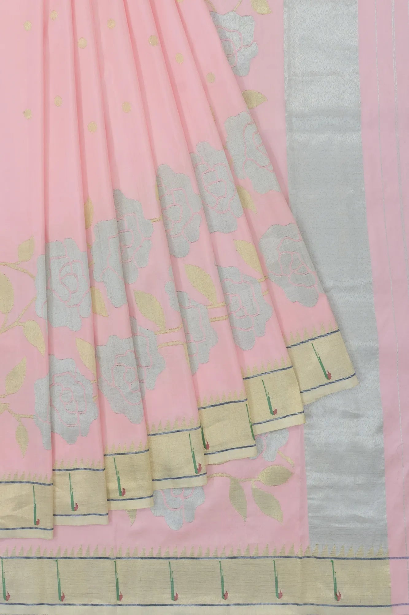 Paithani Silk Polka Dot Butta Baby Pink Saree With Single Muniya Border