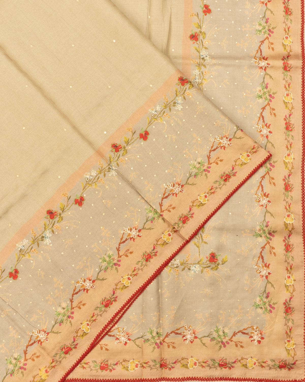 Soft Tussar Butta Beige Saree With Embroidery Outline Border