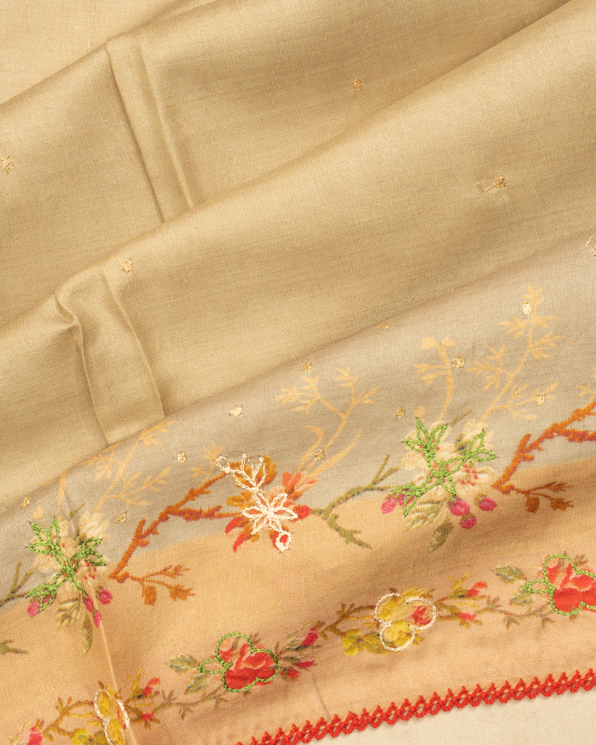 Soft Tussar Butta Beige Saree With Embroidery Outline Border