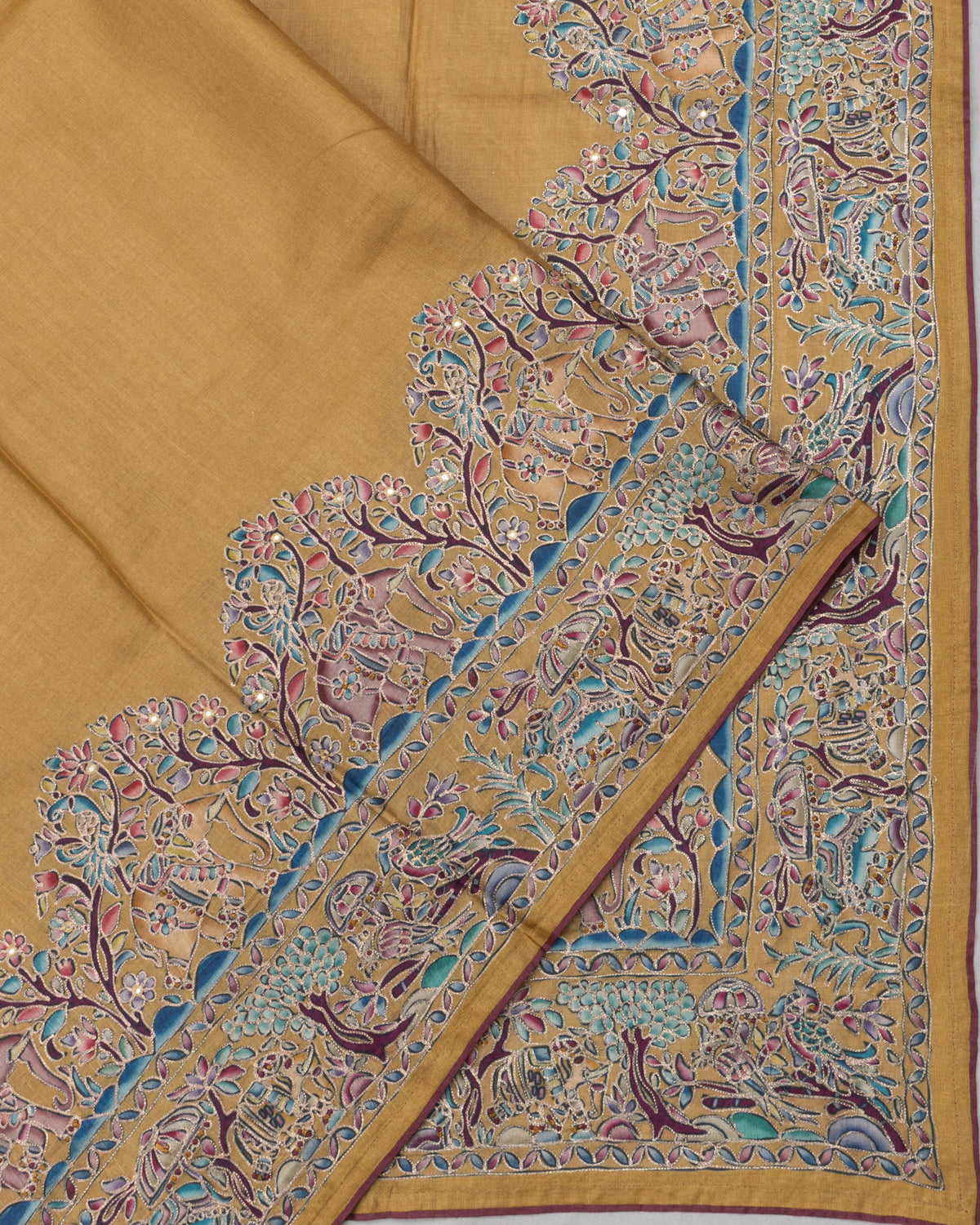 Tussar Plain Yellow Saree With Embroidery Out Lines Border