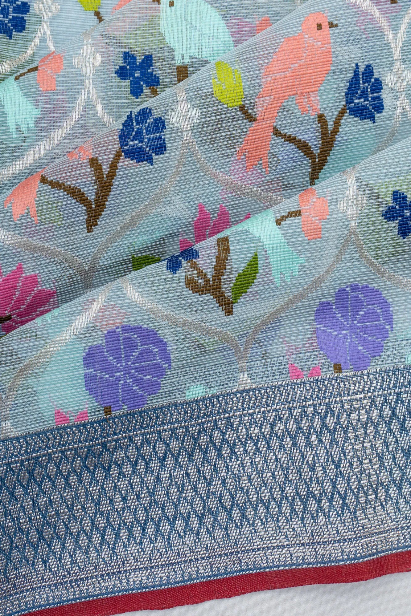 Zari Kota Cotton All Over Jamdani Jaal Blue Saree