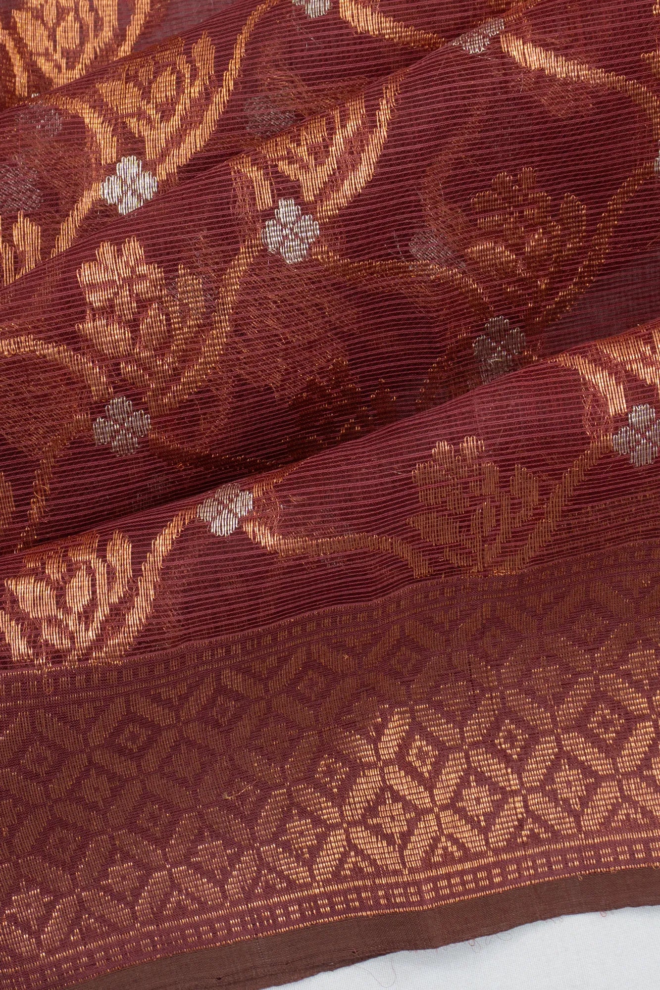 Zari Kota Cotton All Over Jamdani Jaal Brown Saree