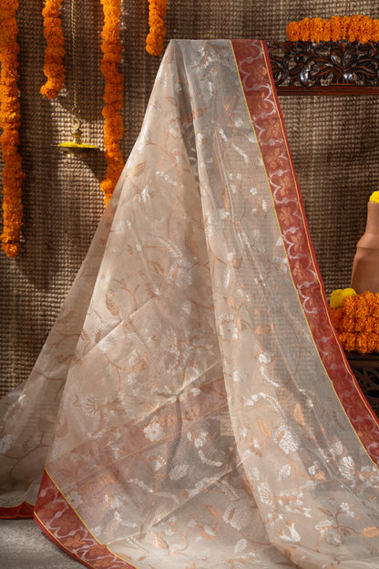 Zari Kota Silk Jamdani Jaal Cream Saree