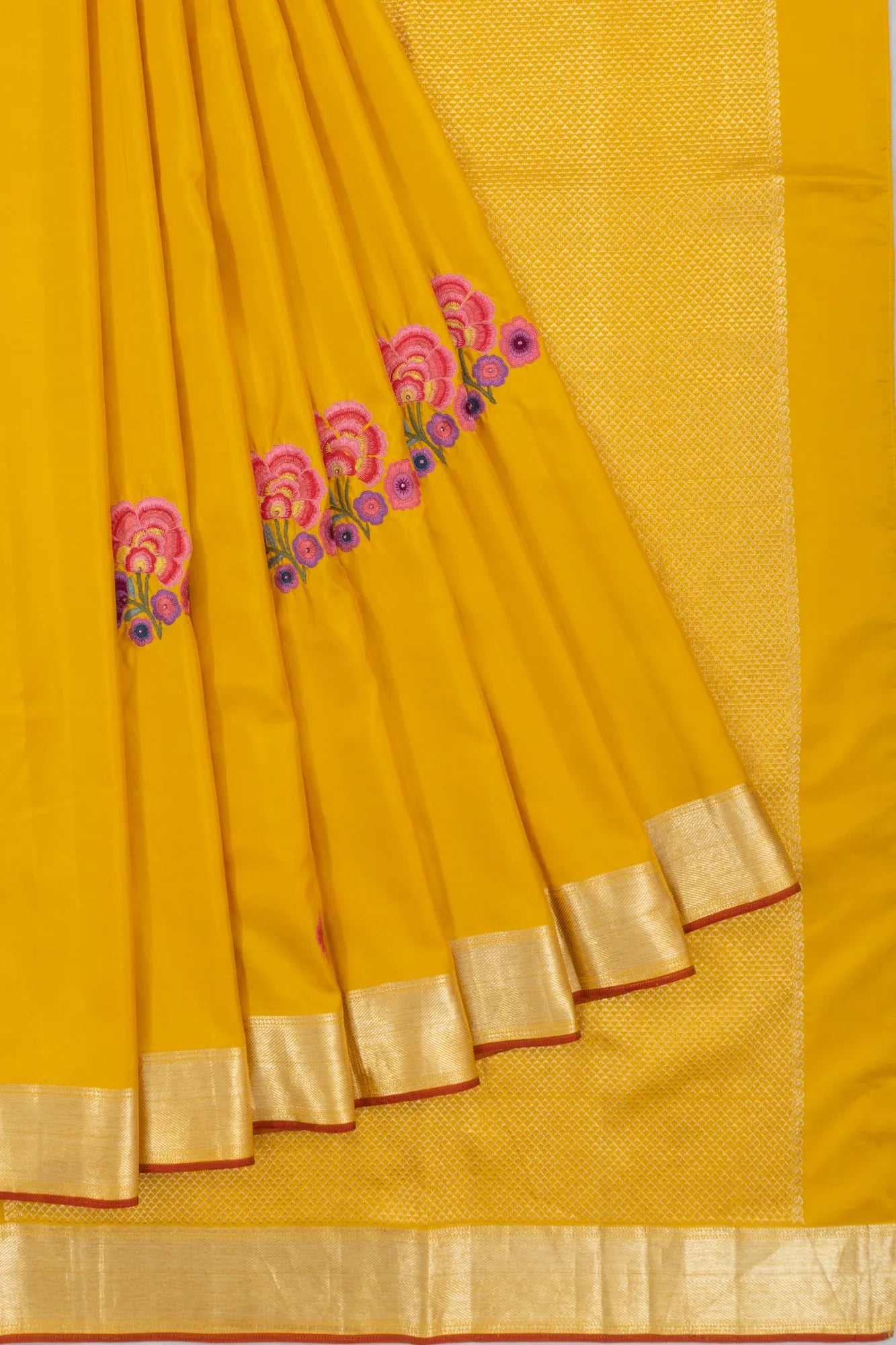 Kanchipuram Silk Resham Work Floral Butta Yellow Saree