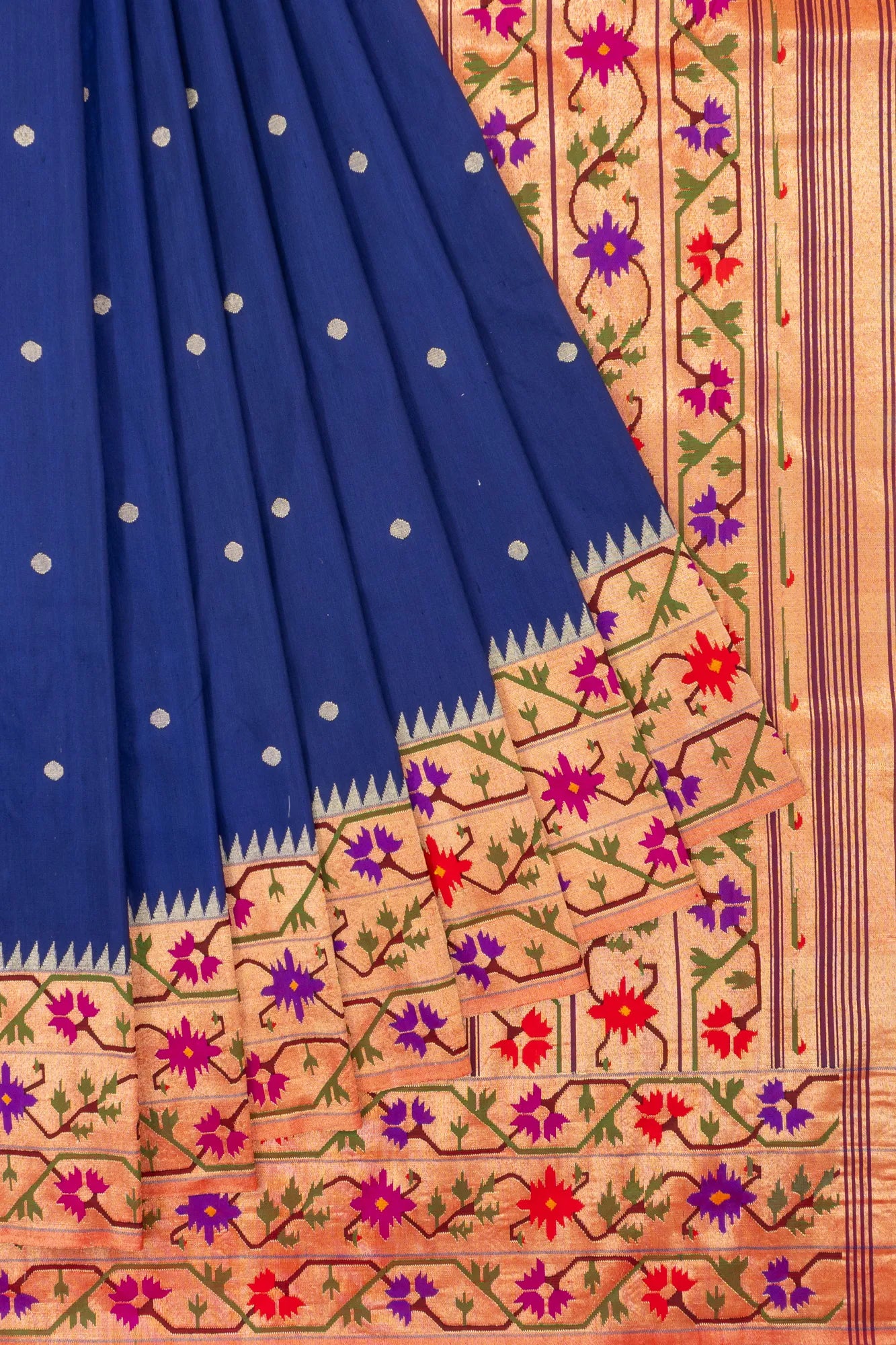 Paithani Silk Butta Dark Blue Saree With Asawali Border
