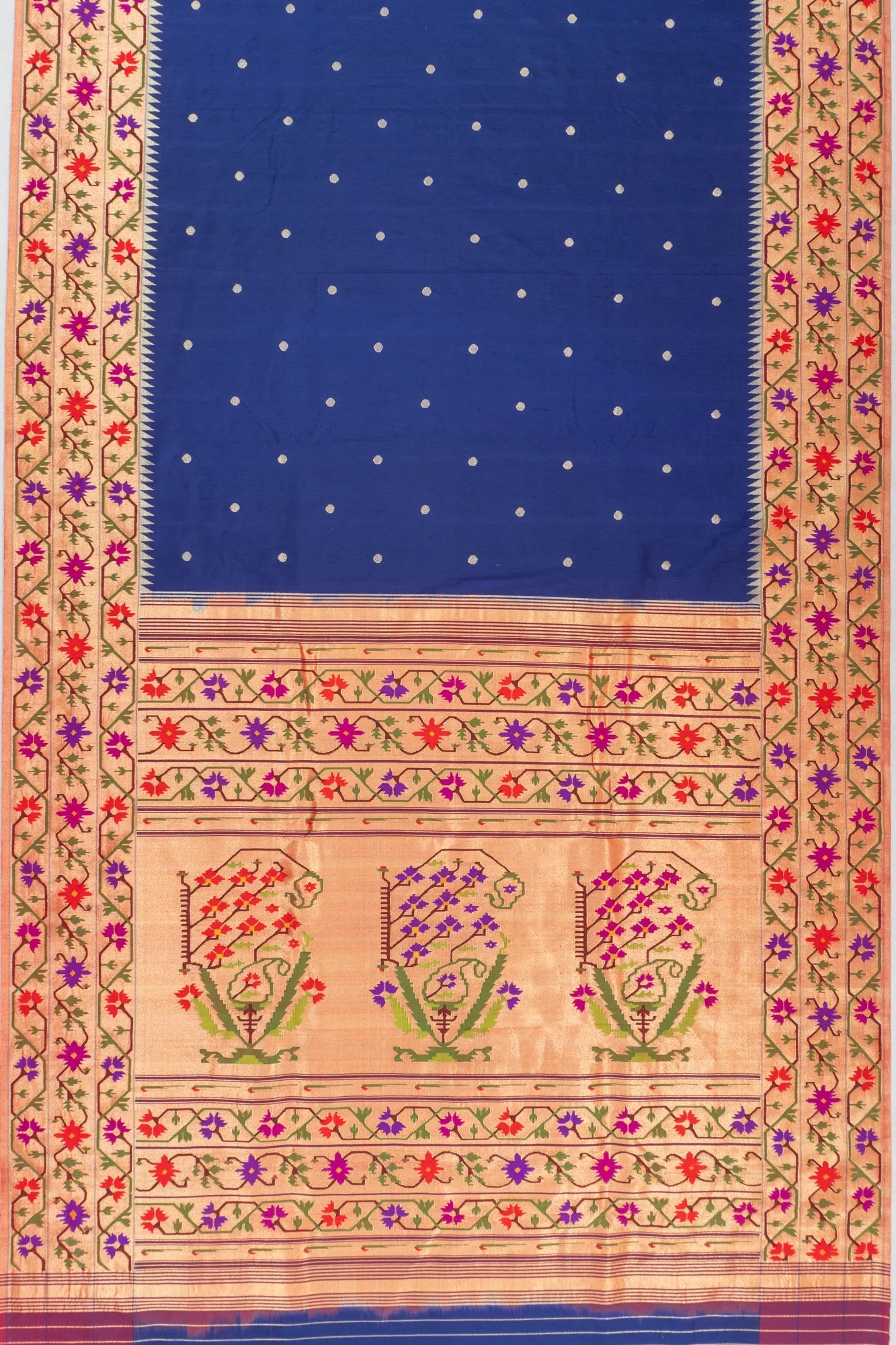 Paithani Silk Butta Dark Blue Saree With Asawali Border