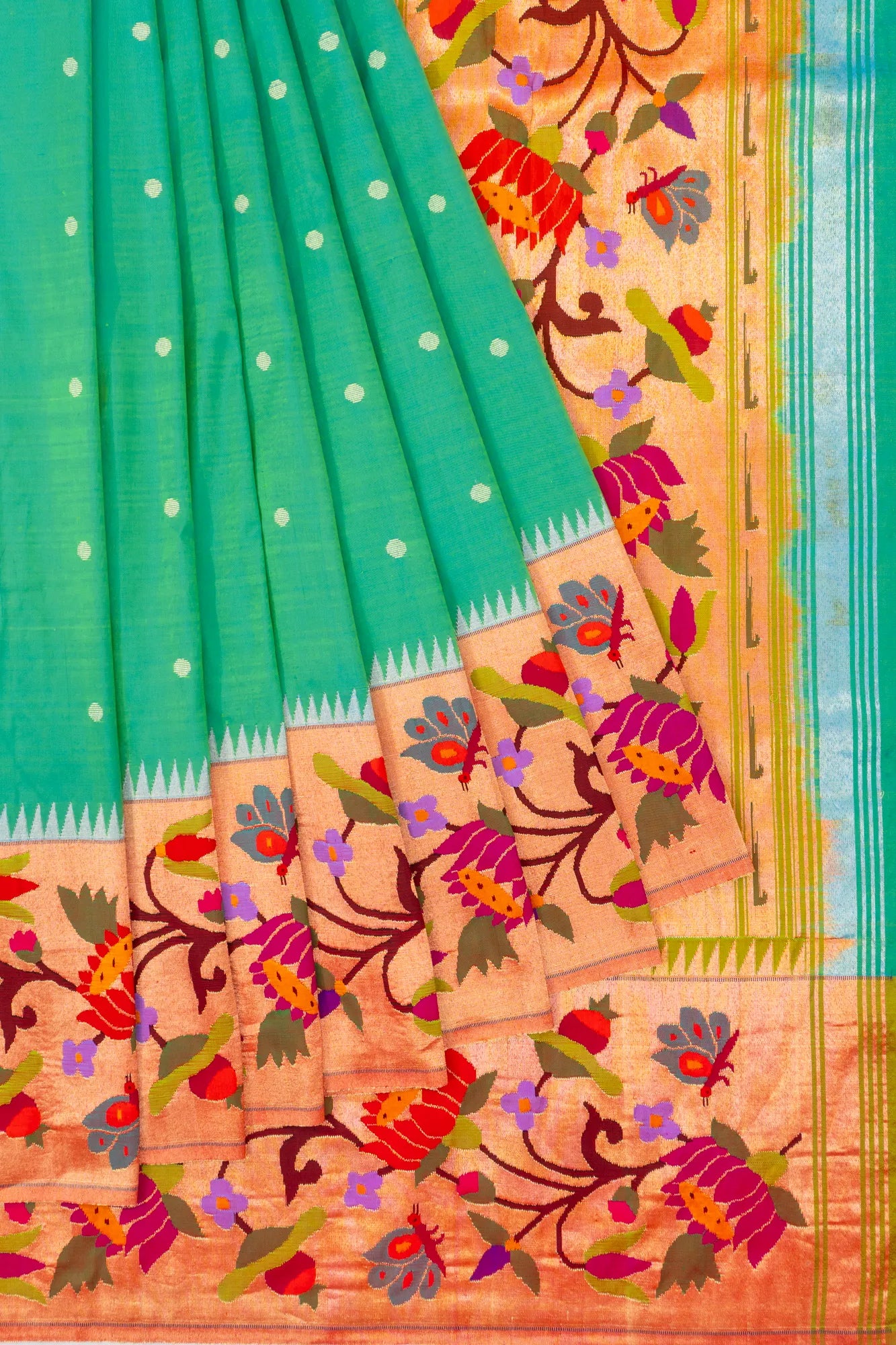 Paithani Silk Butta Sea Green Saree With Asawali Border