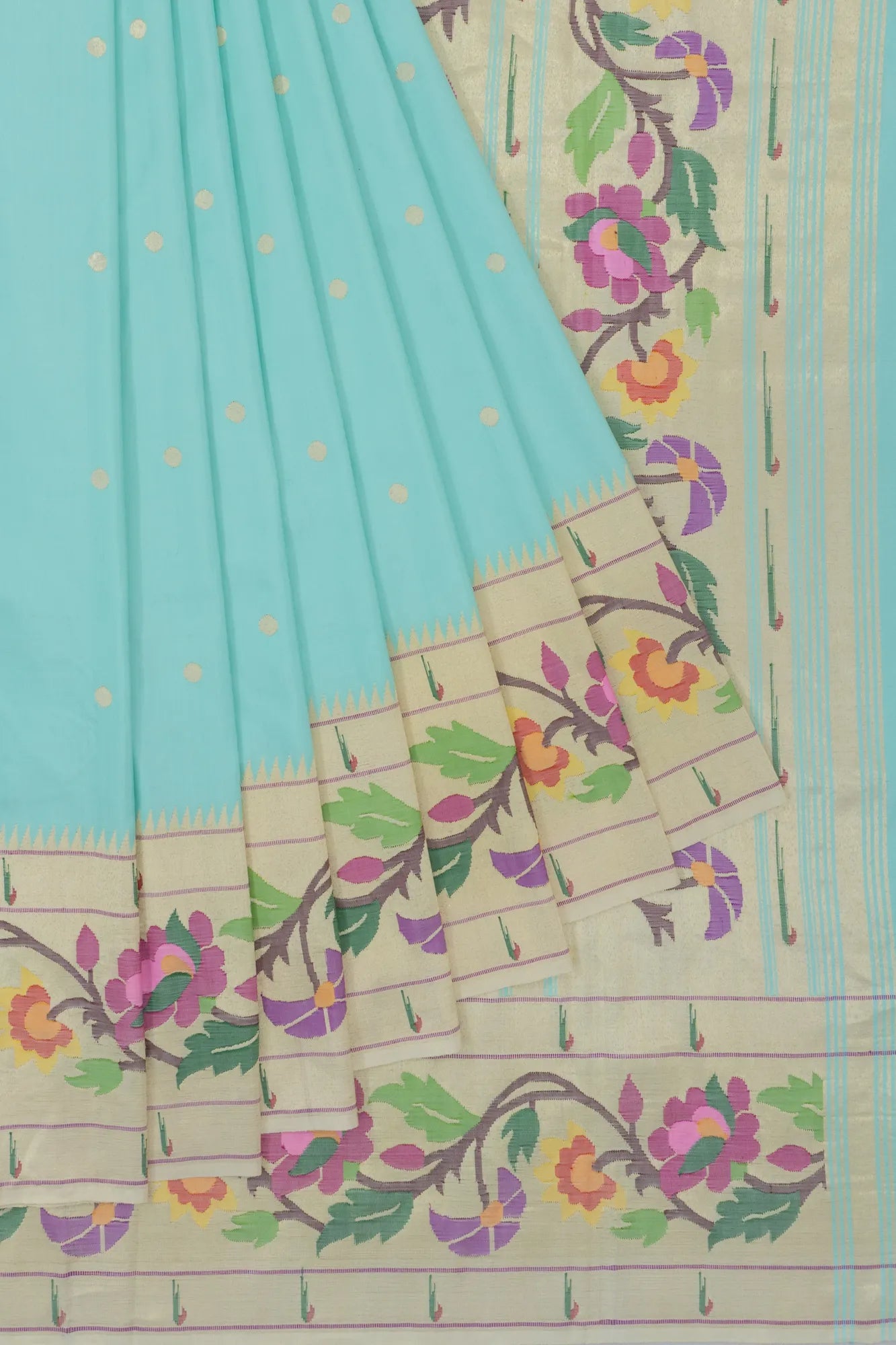 Paithani Silk Butta Sky Blue Saree With Asawali Border