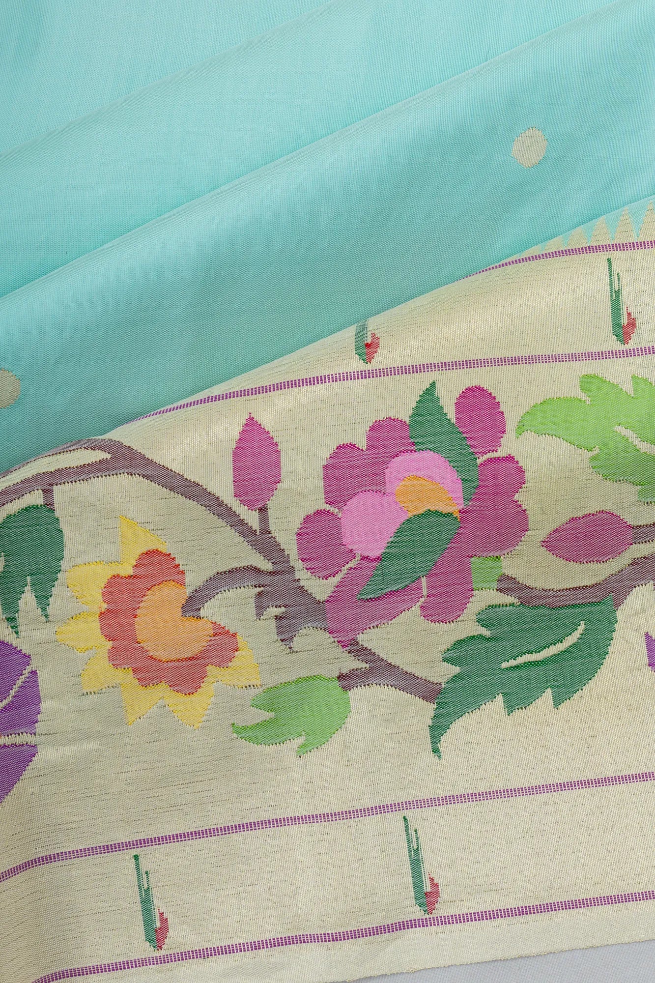 Paithani Silk Butta Sky Blue Saree With Asawali Border