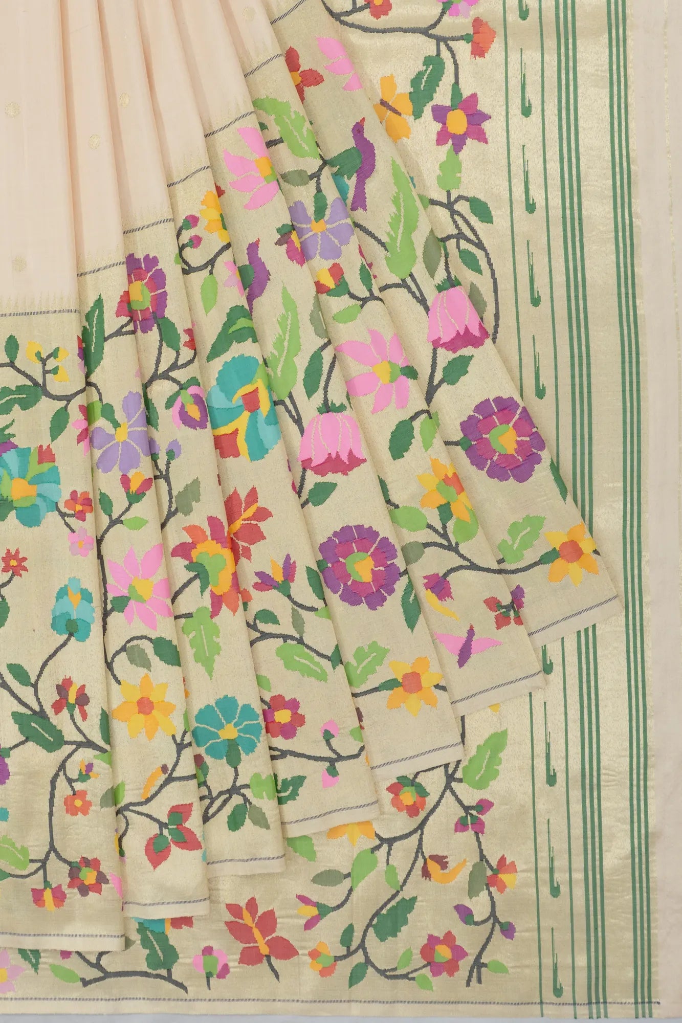 Paithani Silk Half-n-Half Butta And Tissue Jaal Cream Saree