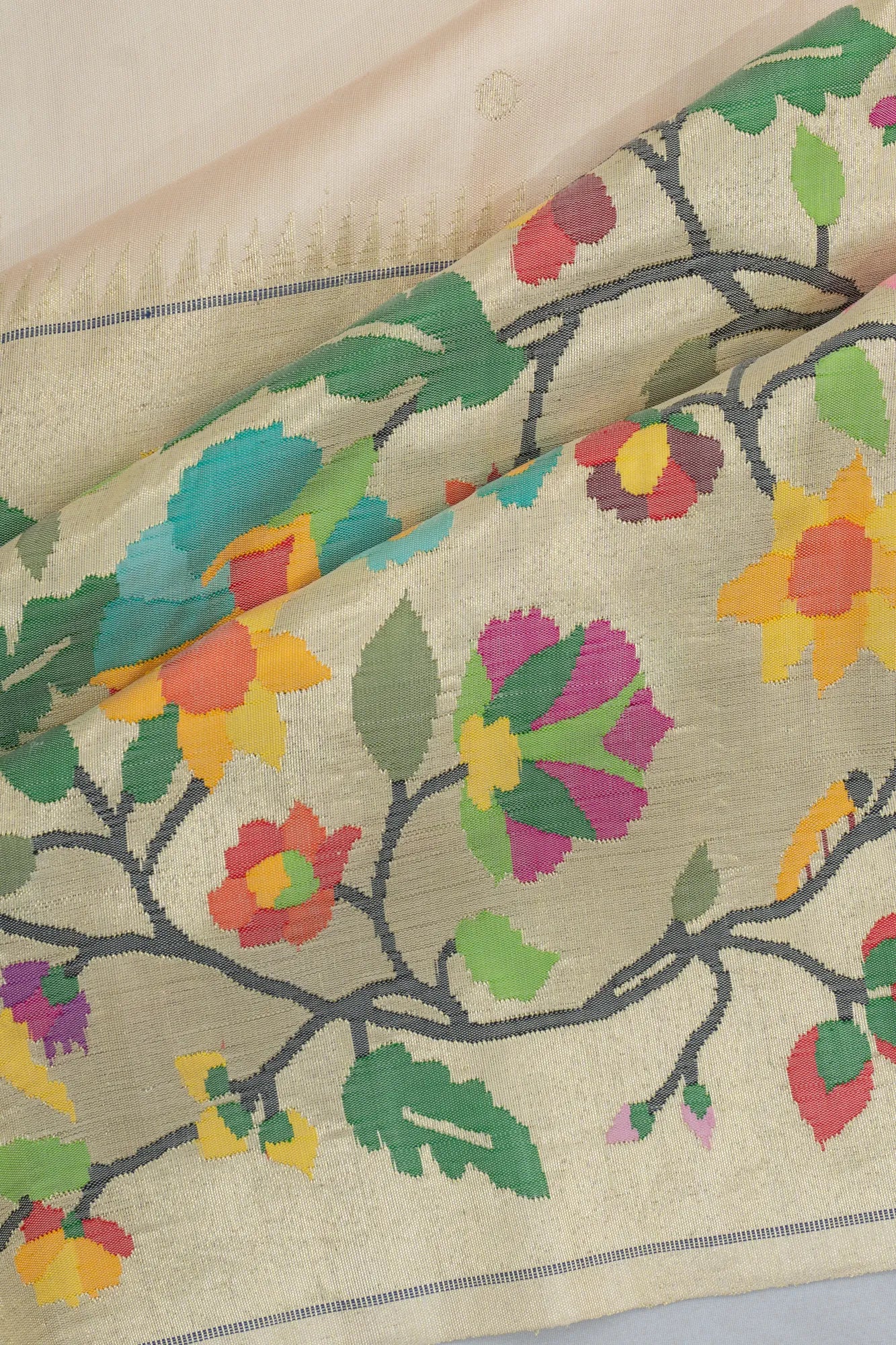 Paithani Silk Half-n-Half Butta And Tissue Jaal Cream Saree
