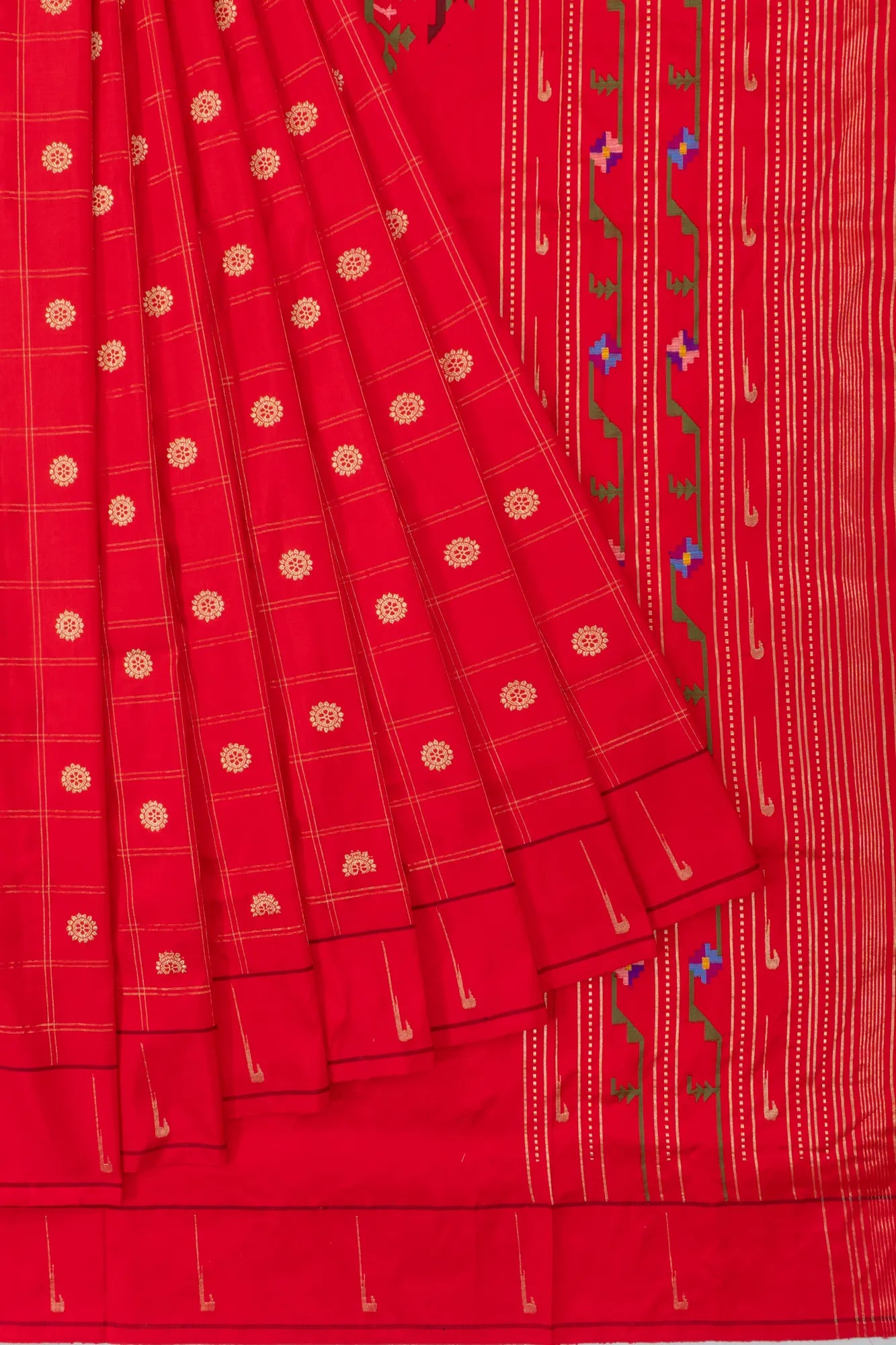 Paithani Silk Checks And Butta Red Saree With Single Muniya Border