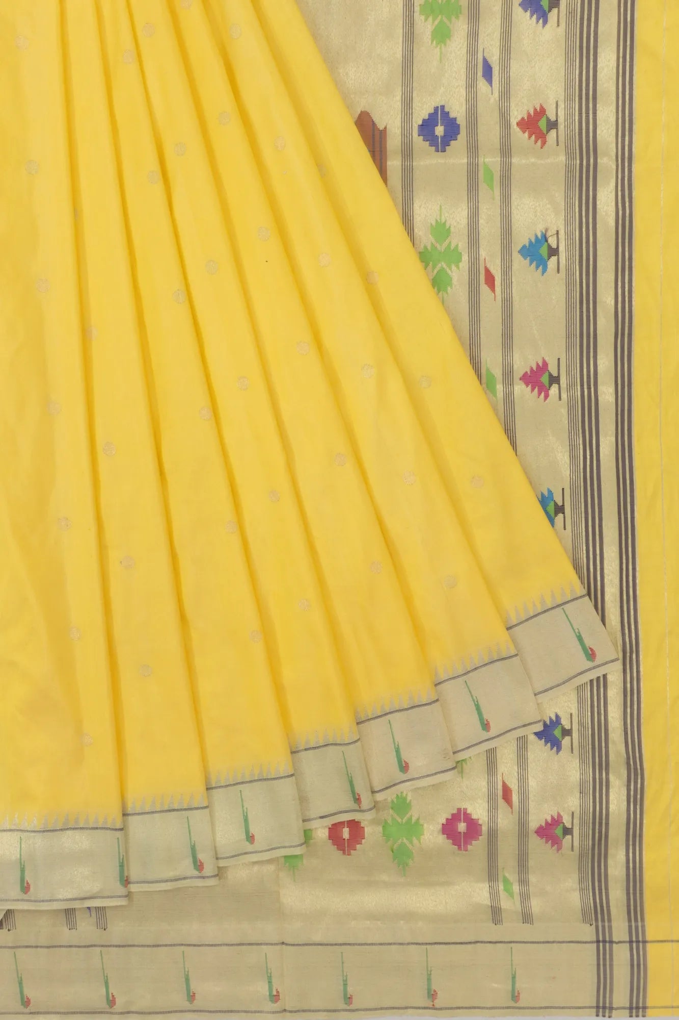 Paithani Silk Butta Yellow Saree With Single Muniya Border