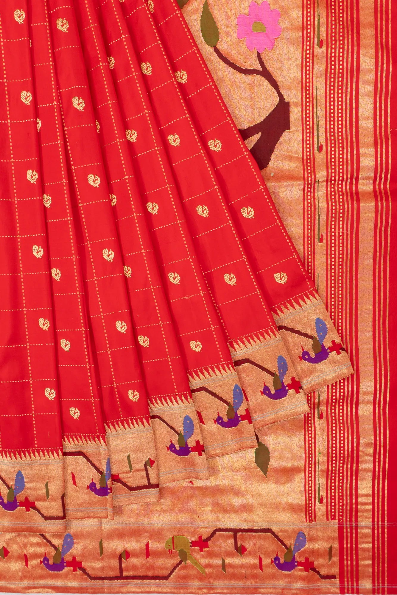 Paithani Silk Checks And Butta Red Saree With Akruthi Border