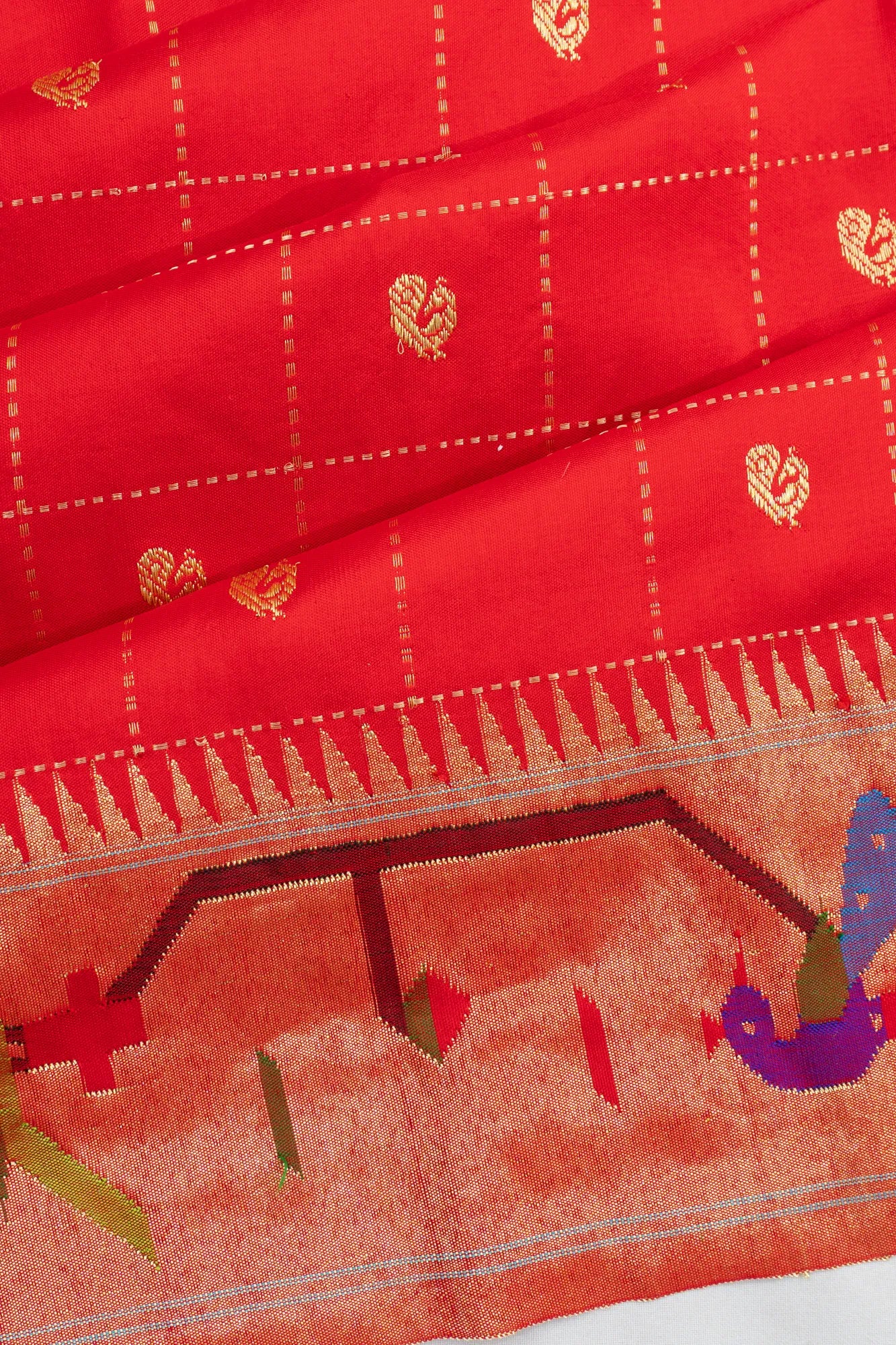 Paithani Silk Checks And Butta Red Saree With Akruthi Border