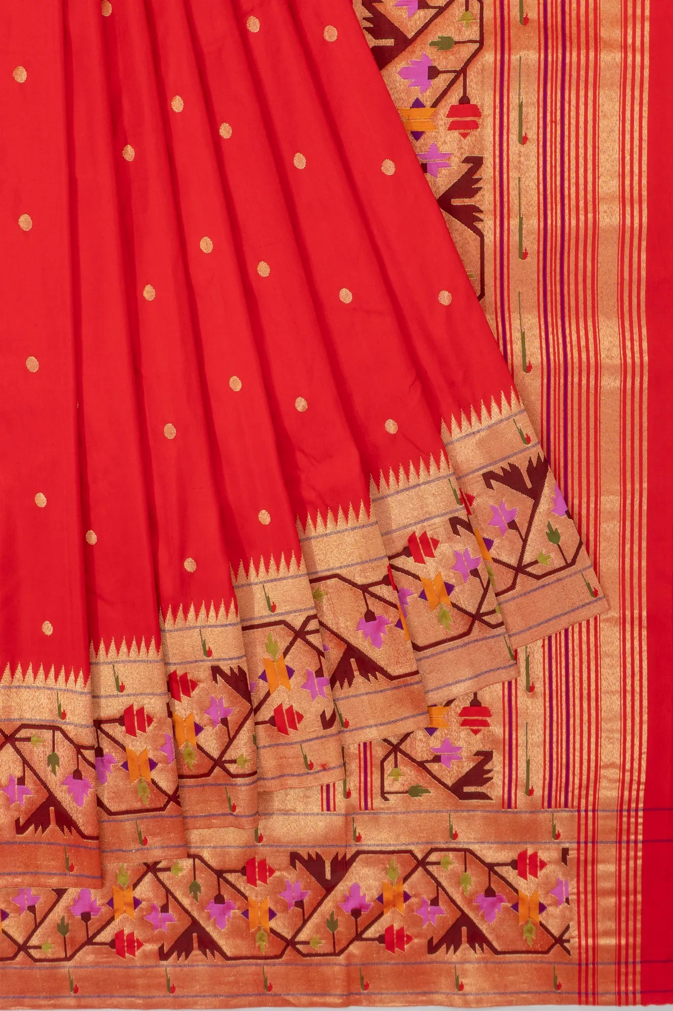 Paithani Silk Butta Red Saree With Asawali Border