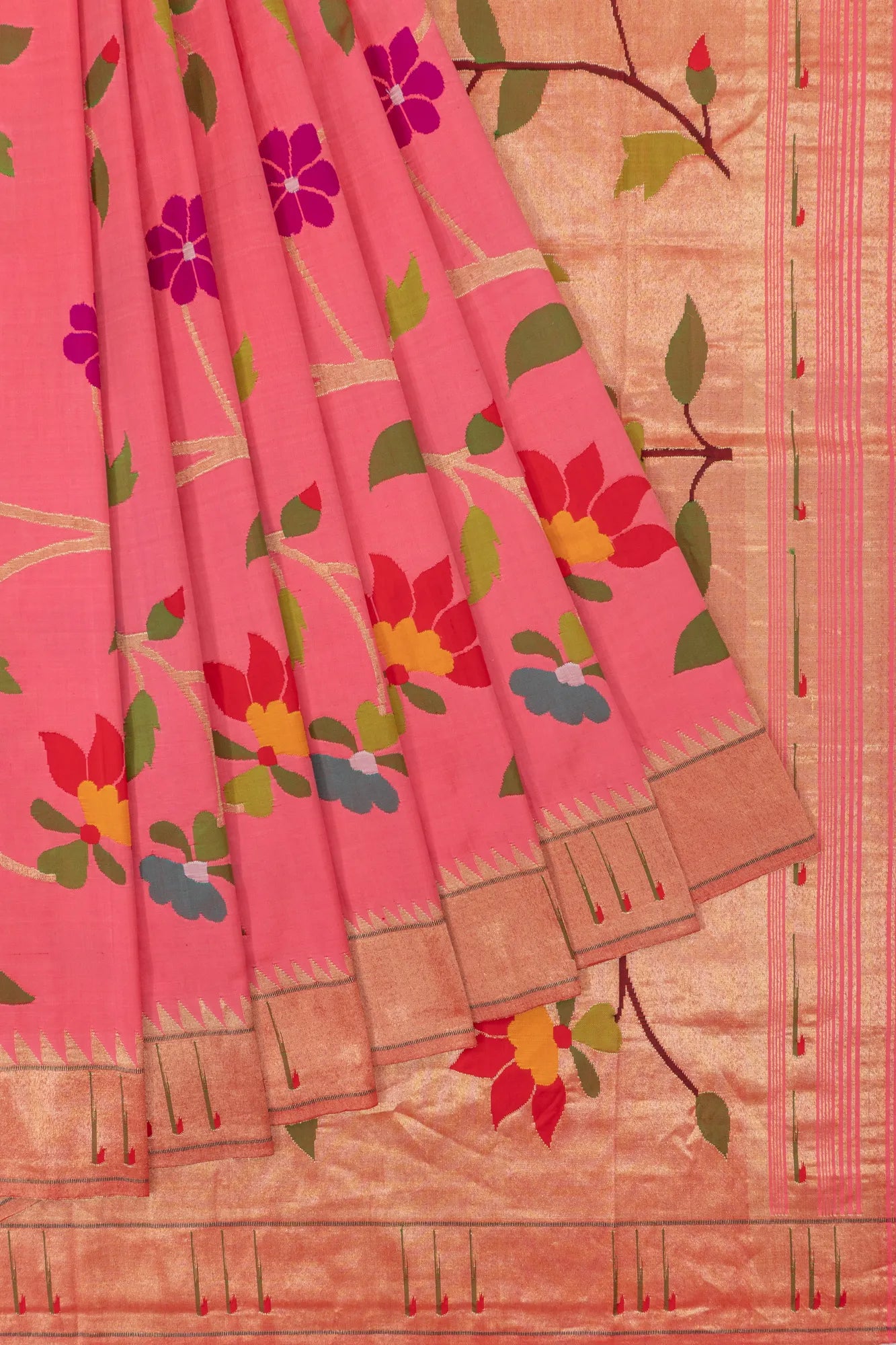 Paithani Silk All Over Jaal Pink Saree With Single Muniya Border
