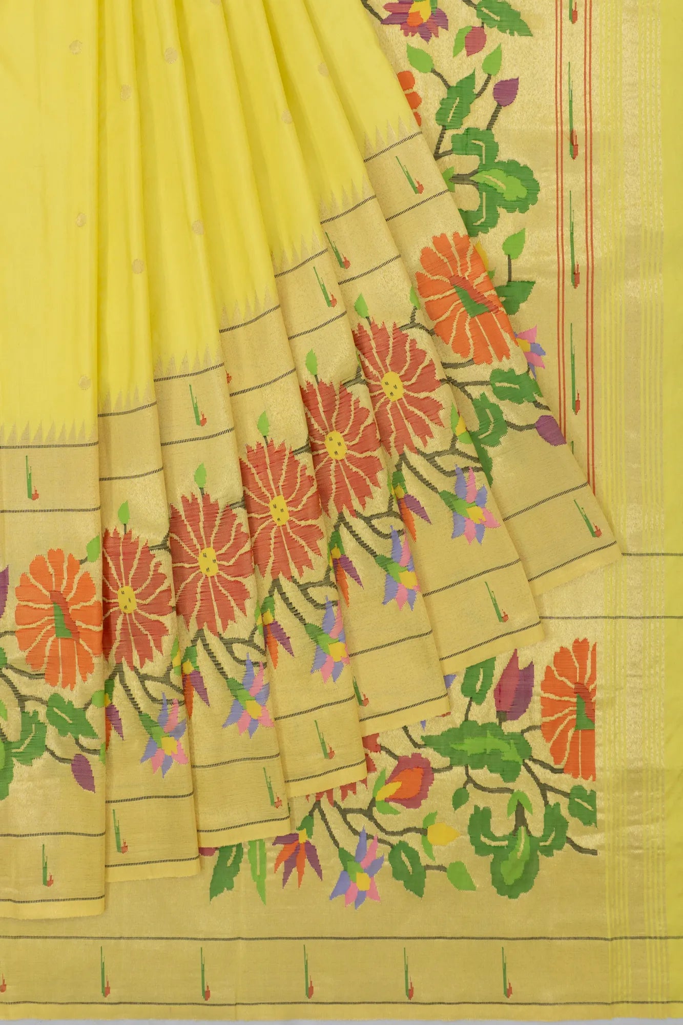 Paithani Silk Butta Lemon Yellow Saree