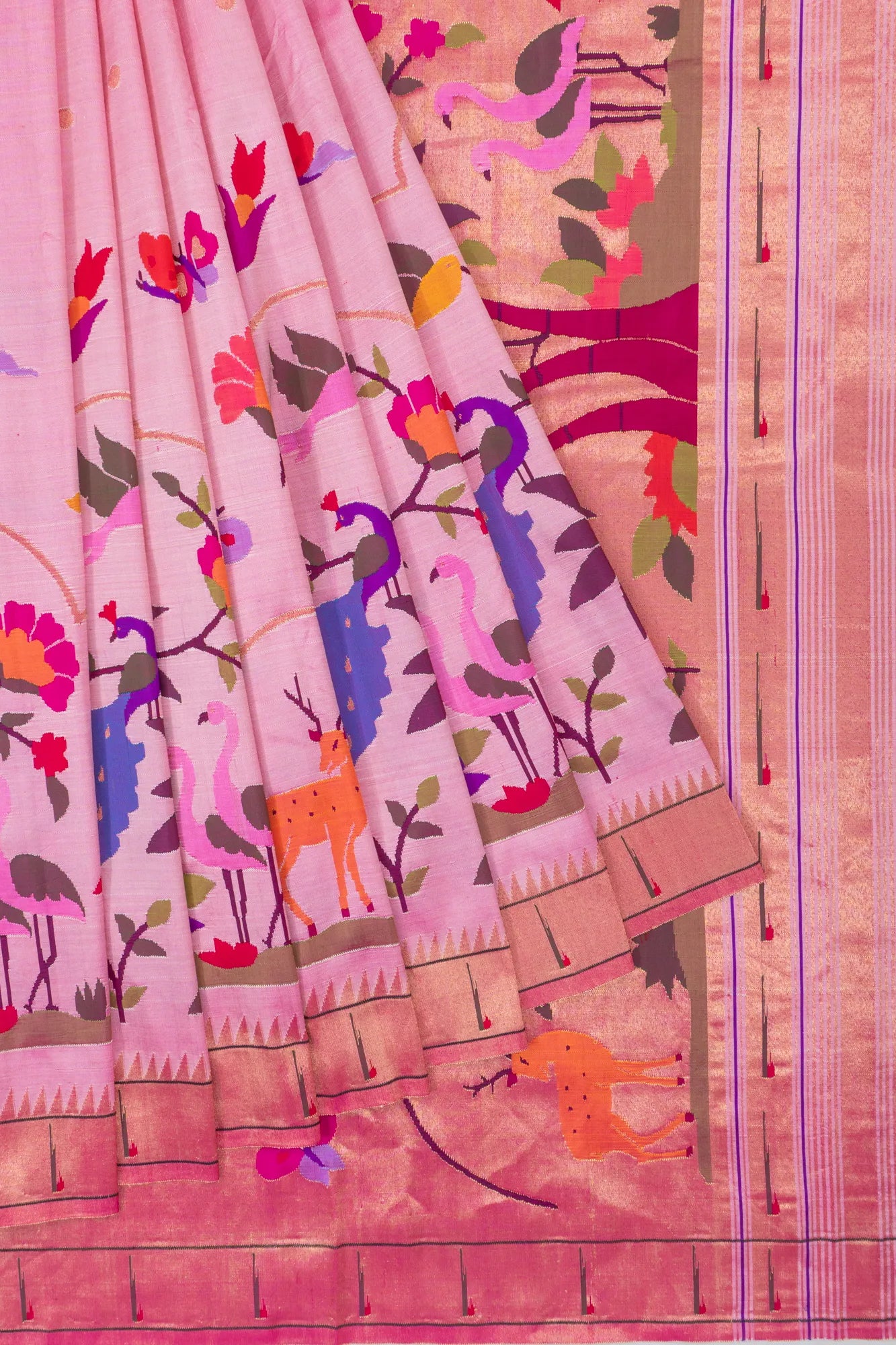Paithani Silk Butta And Jaal Pink Saree With Single Muniya Border