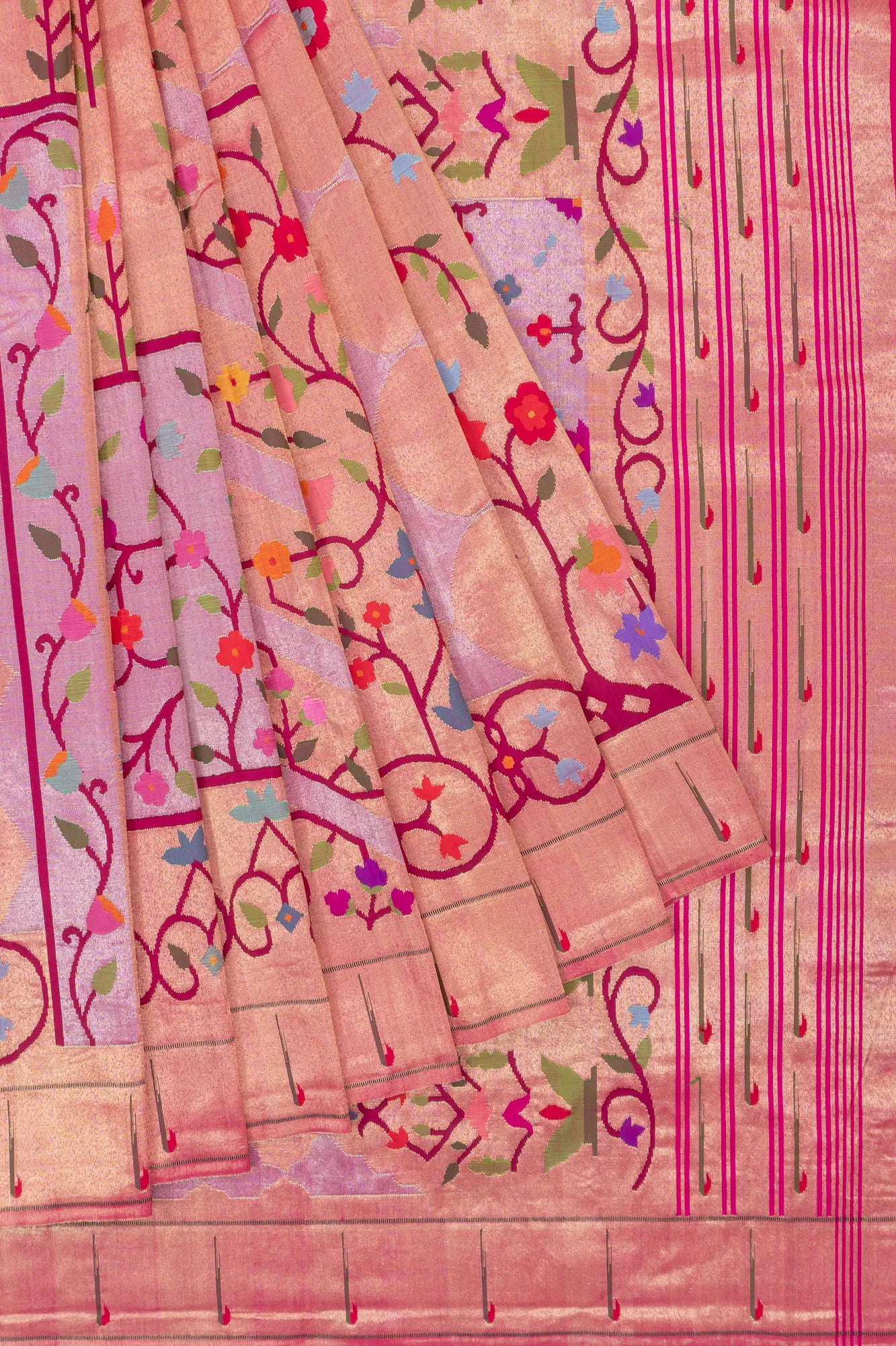 Paithani Silk Tissue Brocade Pink Saree With Single Muniya Border