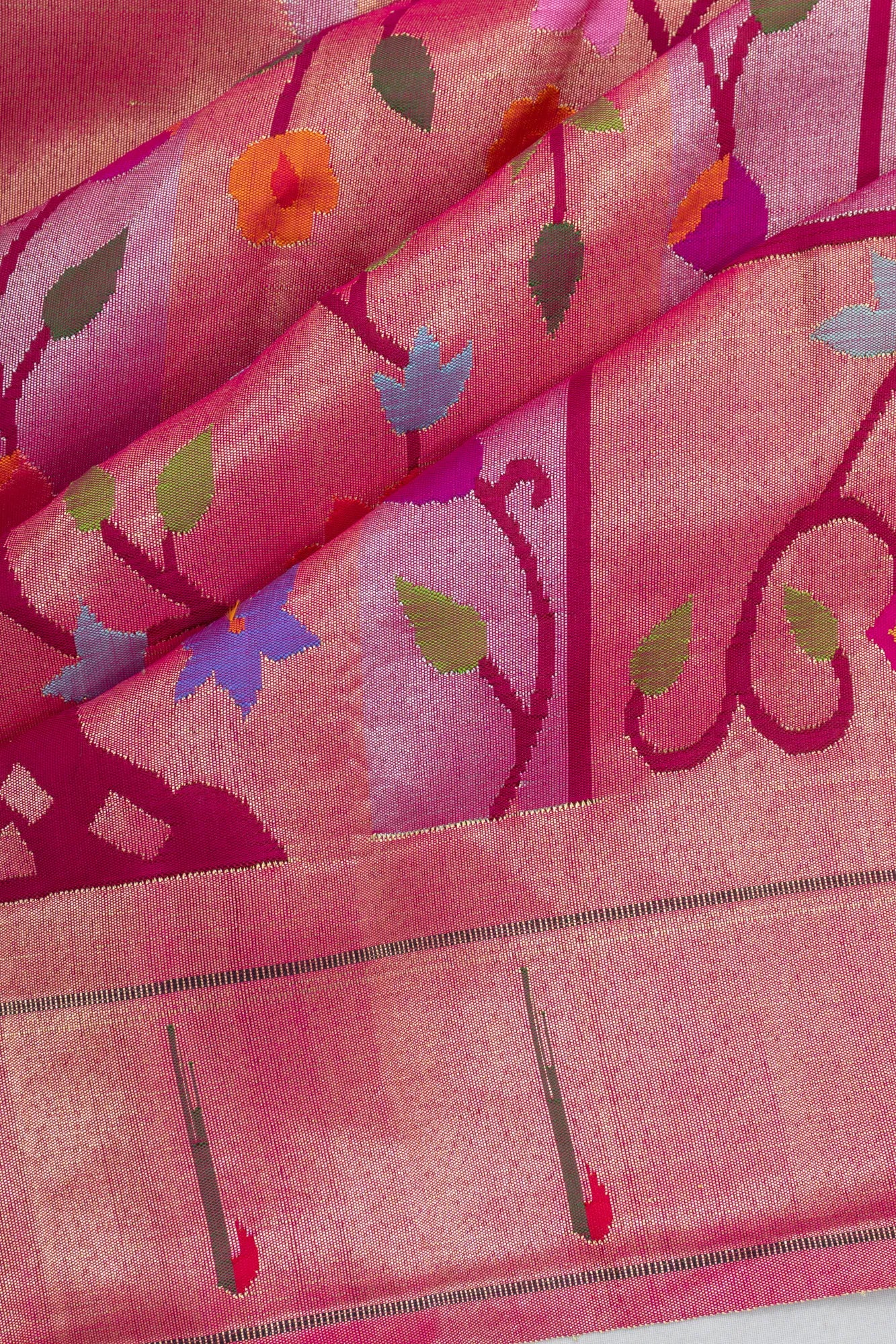 Paithani Silk Tissue Brocade Pink Saree With Single Muniya Border