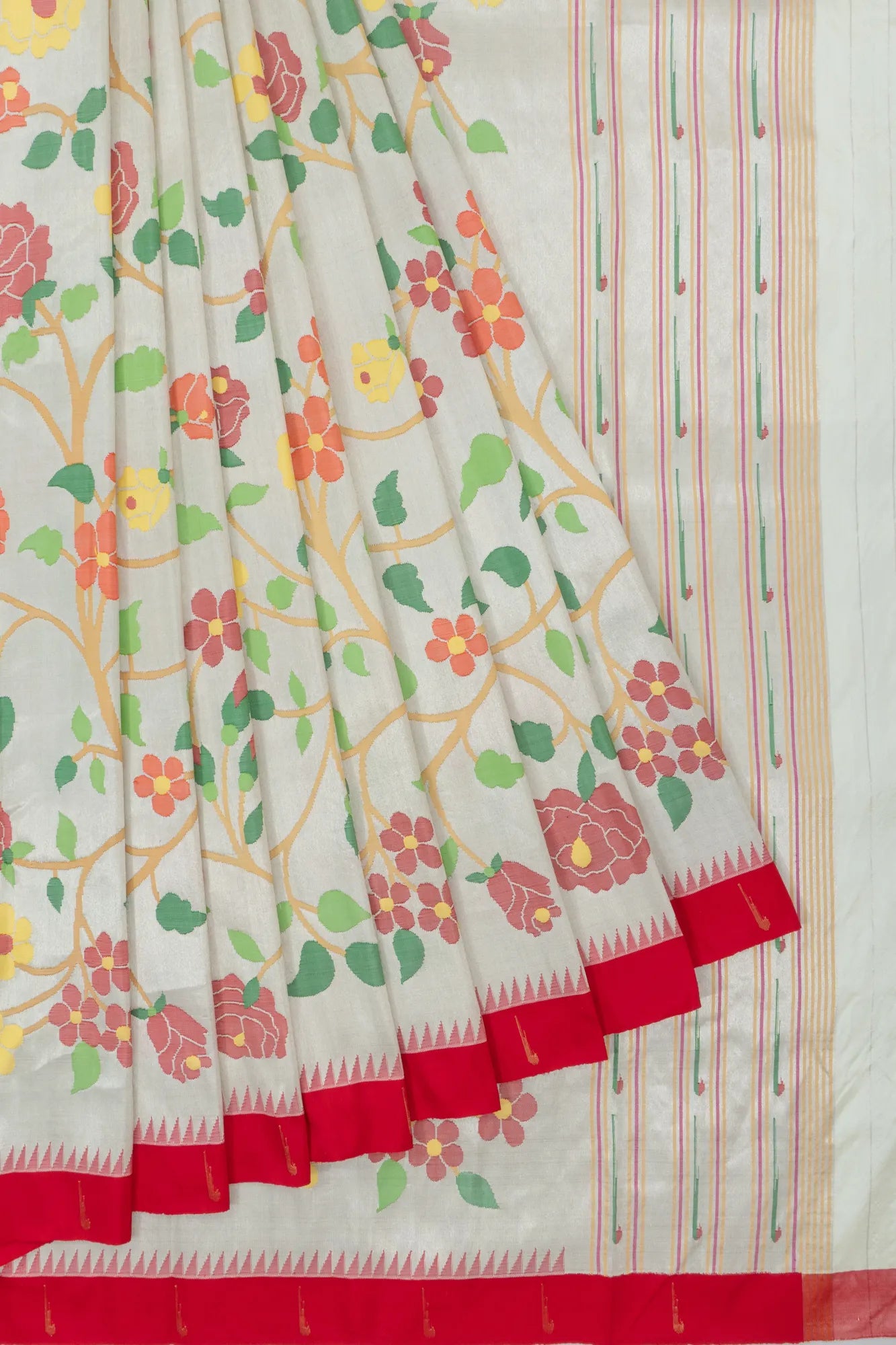 Paithani Silk Tissue All Over Jaal Silver Saree With Single Muniya Border