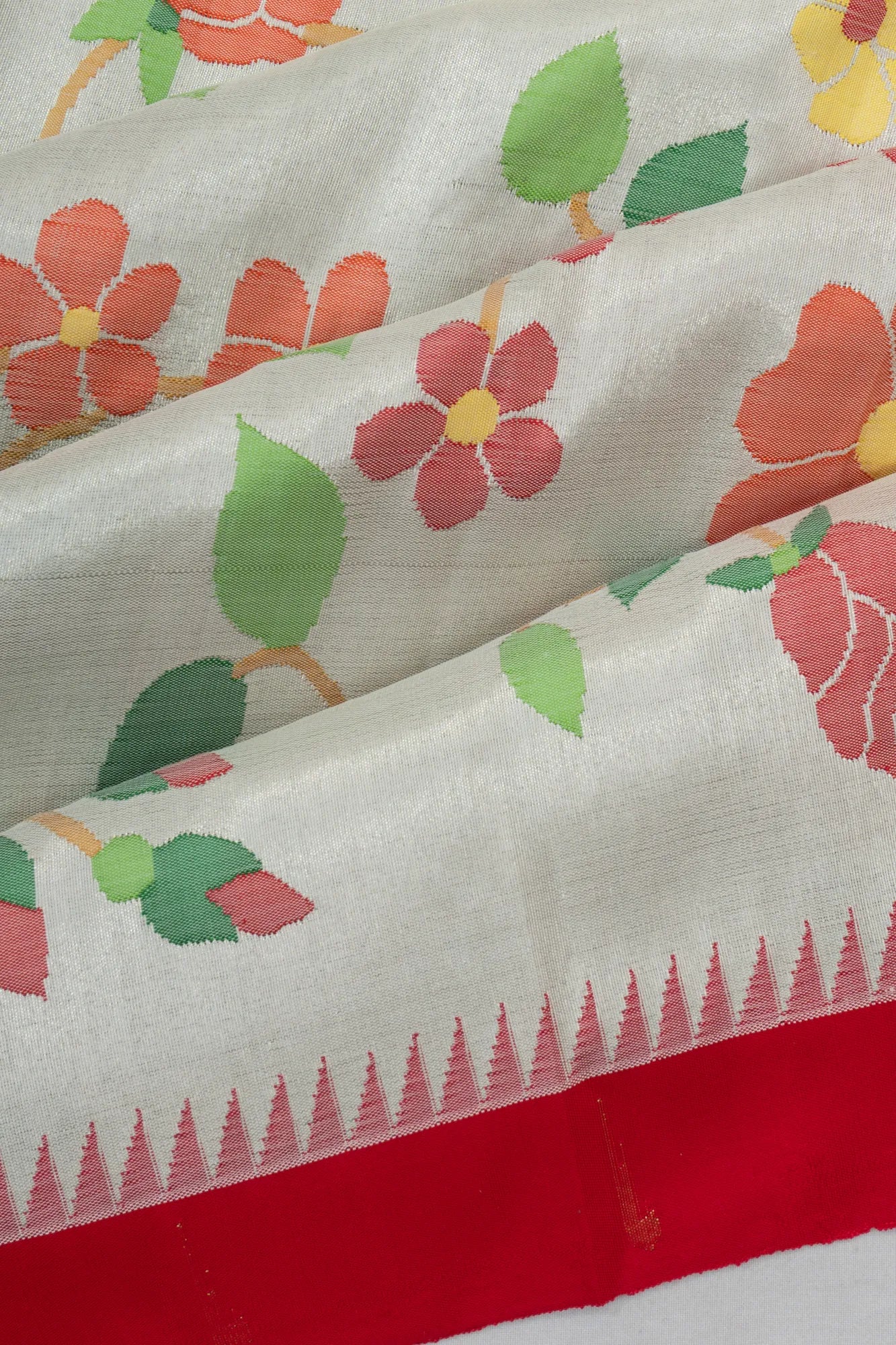 Paithani Silk Tissue All Over Jaal Silver Saree With Single Muniya Border
