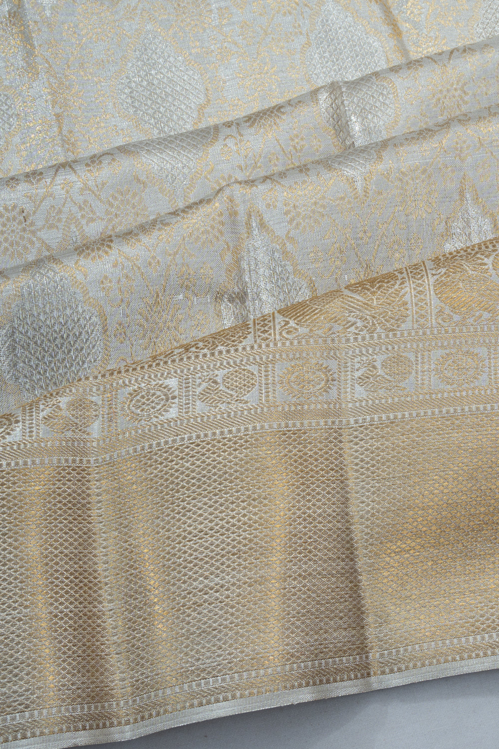 Kanchipuram Silk Tissue Brocade Silver Saree