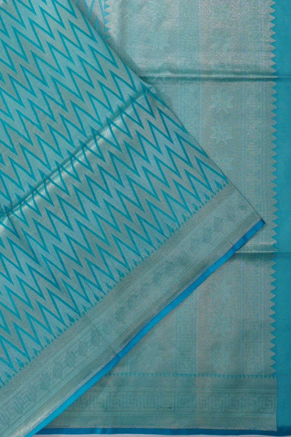 Vaanya Banaras Kora Organza Zig Zag Lines Blue Saree